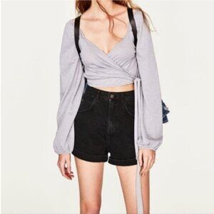 Zara Gray Gingham Blouse Wrap Tie Long Sleeve Crop Top Women’s Size Small